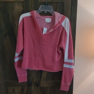 American Eagle Pink Crop Hoodie with White Accents